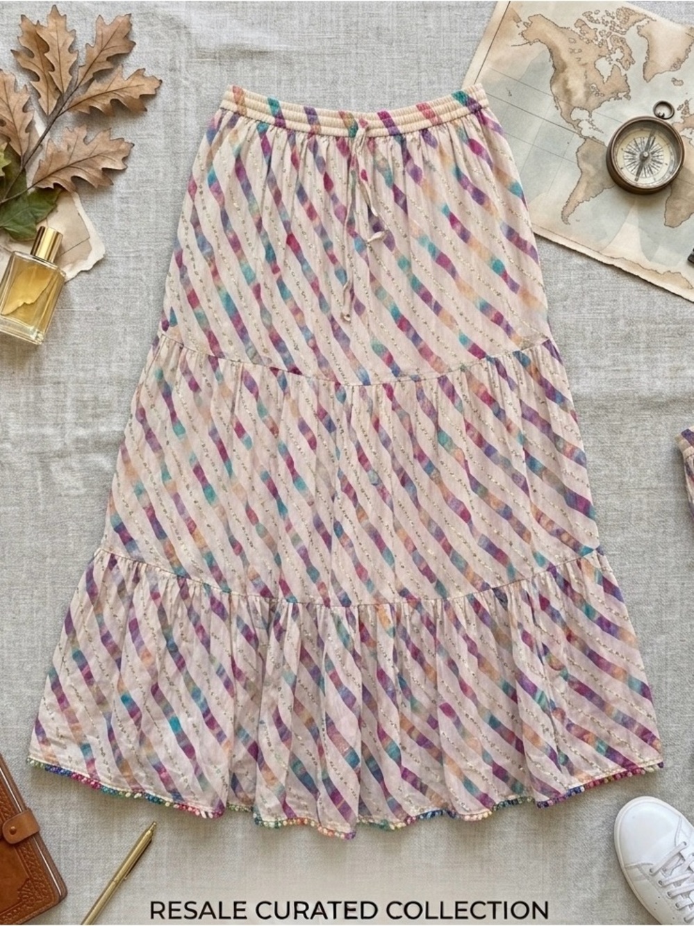 Neerus Vibrant Multicolor Maxi Skirt Diagonal Stripe Shimmer Accent Size Small